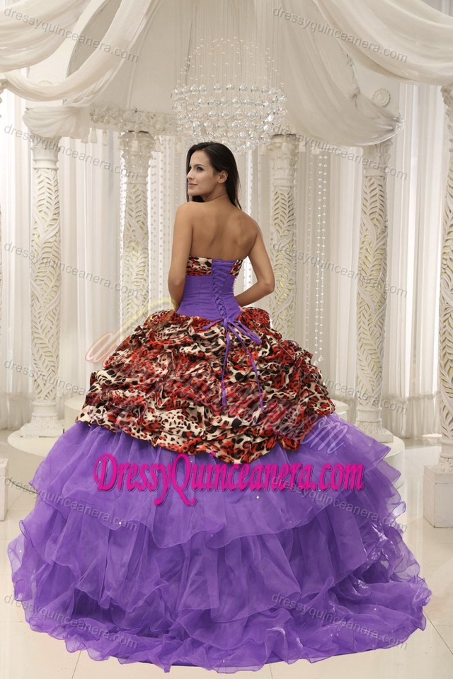 New Stylish 2013 Strapless Beaded Purple Quince Dress with Leopard and Pick-ups