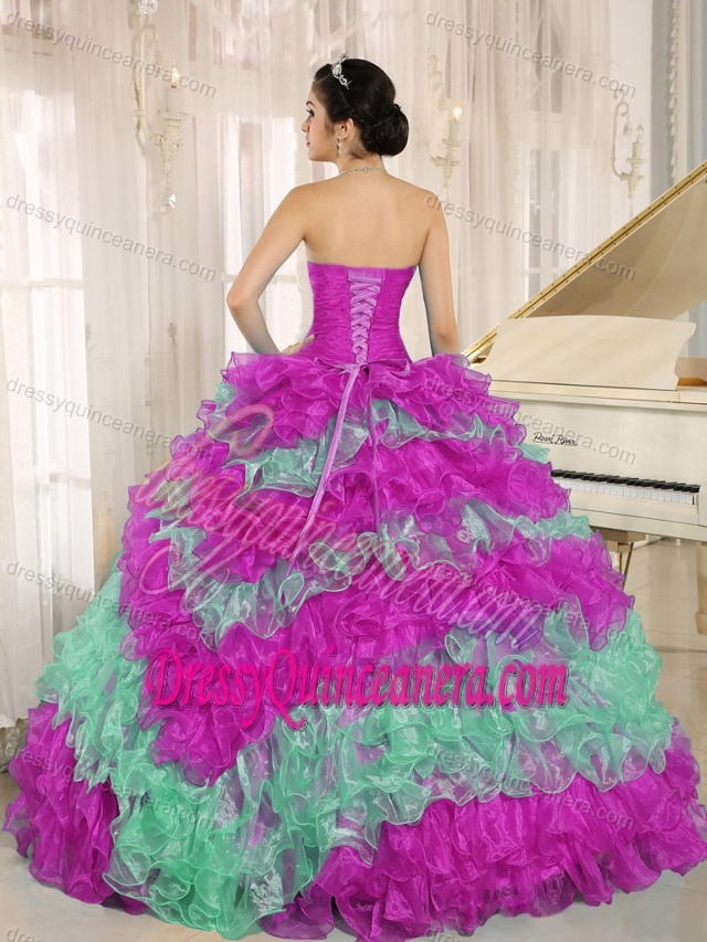 Sweetheart Ruched Quince Dress in Spring Green and Fuchsia with Ruffled Layers