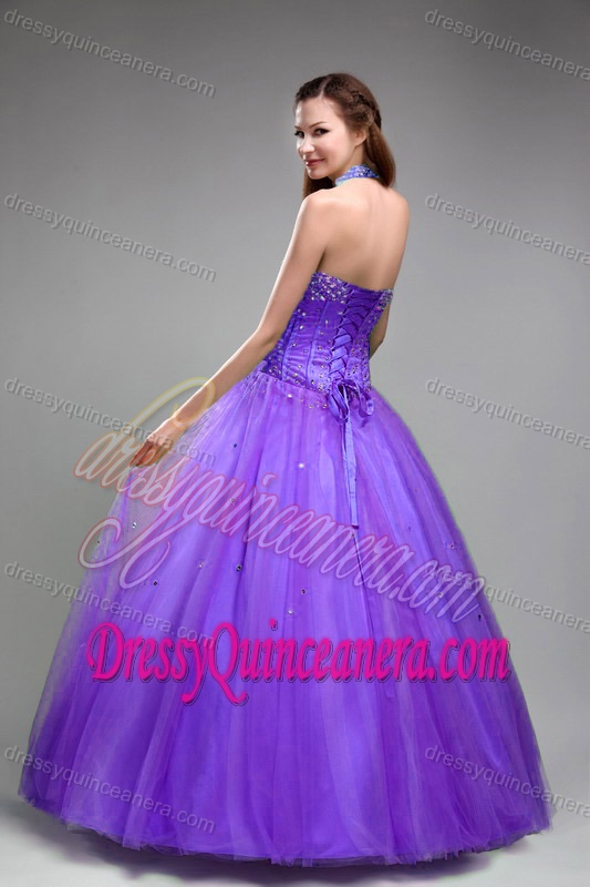 Halter-top Floor-length Sweet Sixteen Dress with Beadings in Purple on Promotion