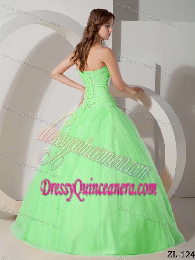 Modest Strapless Tulle Beading Sweet Sixteen Quinceanera Dresses in Green