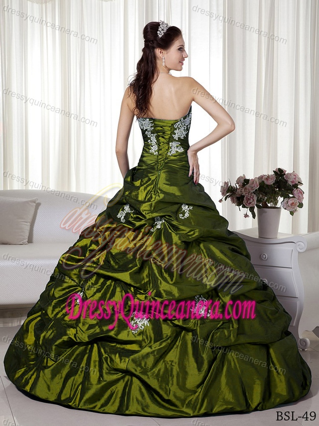 A-line Strapless Olive Green Taffeta Appliques Quinceanera Gown with Pick-ups