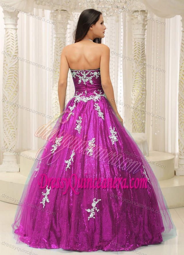 Cheap A-line Strapless Sweet Sixteen Dresses with Appliques in Fuchsia Paillette