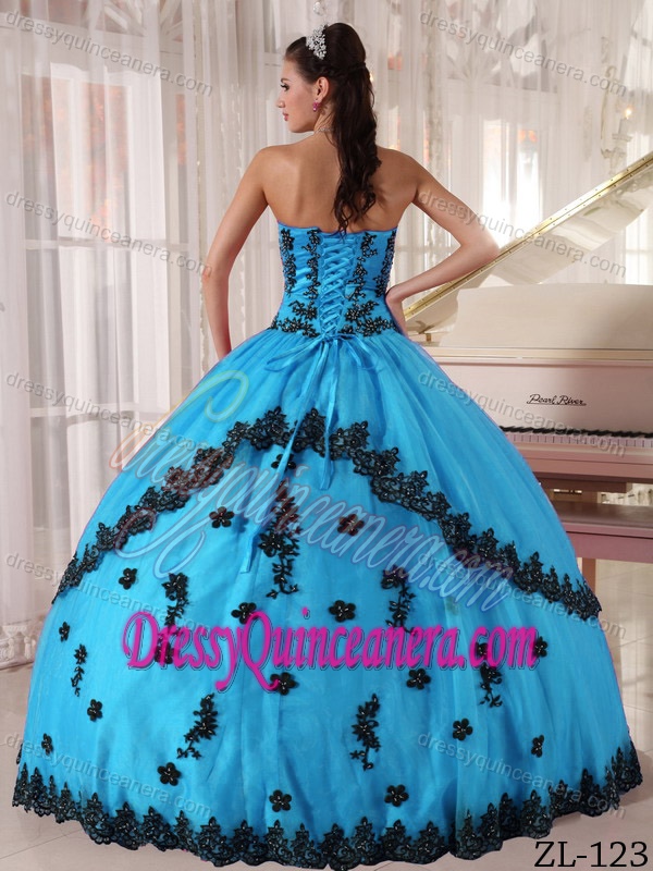 Princess Strapless Appliques and Lace Quinceanera Gown Dress in Turquoise
