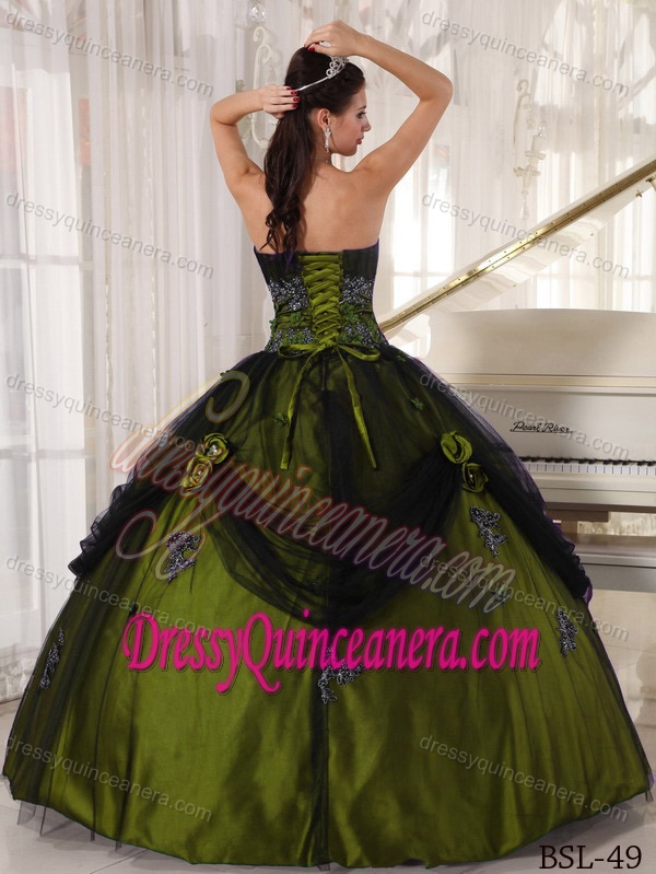 Olive Green Strapless Ball Gown Appliques Dress for Quince by Tulle and Taffeta
