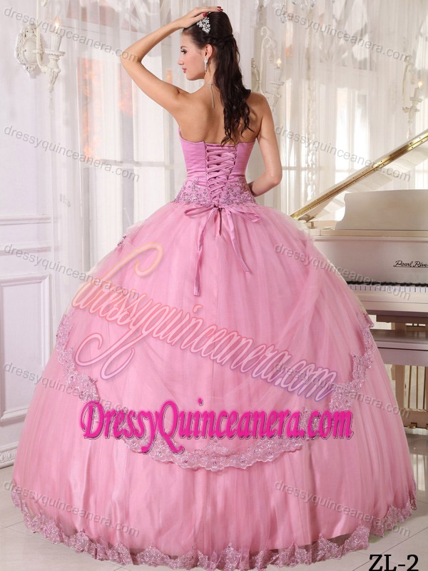 Pink Ball Gown Sweetheart Taffeta Appliques Beading Sweet Sixteen Dresses