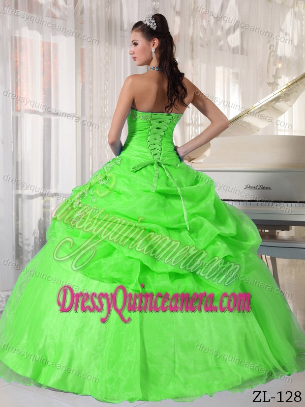 Strapless Organza Beading Pick-ups Quinceanera Gown Dress in Spring Green