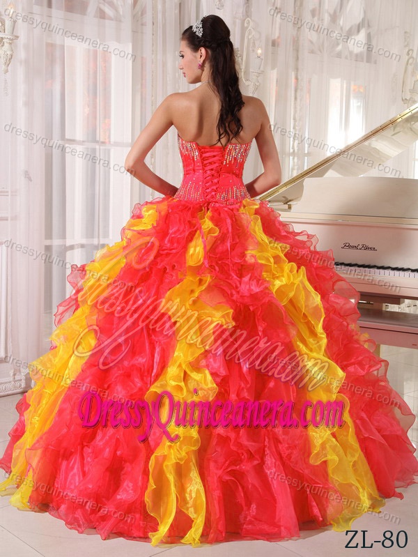 Sweetheart Sequins Quinceanera Dress in Coral Red and Yellow with Ruffles