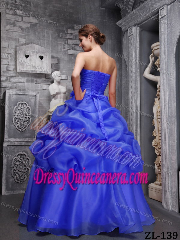 Blue Ruching Sweetheart Organza Beading Pick-ups Quinceanera Gown Dress