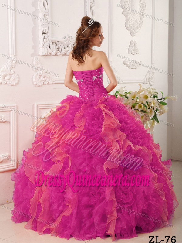 Sweetheart Fuchsia Organza Ruffled Quince Dresses with Appliques and Beading