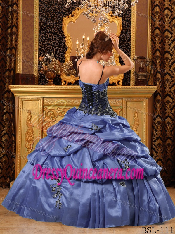 formal Dark Blue Ball Gown Straps Appliques and Pick-ups Quinces Dresses