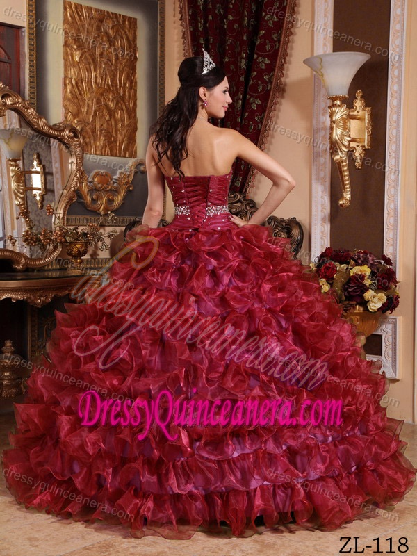 Wine Red Ball Gown Sweetheart Organza Beading Quinces Dresses with Ruffle