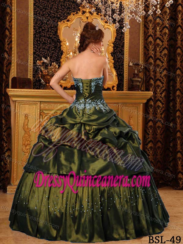 Remarkable Strapless Appliques Taffeta Pick-ups Sweet 15 Dresses in Olive Green