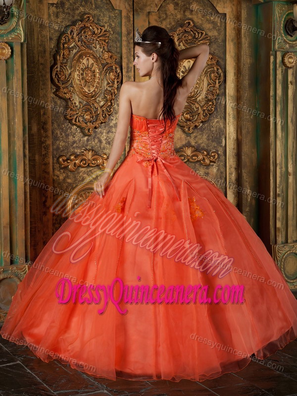 Orange Red Sweetheart Sweet Sixteen Dresses with Appliques in Organza