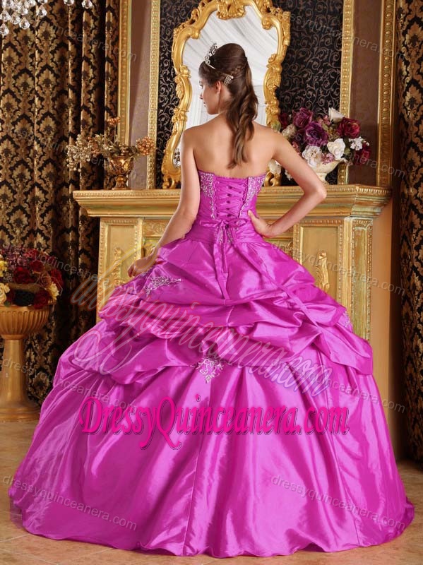 Fuchsia Embroidery Taffeta Sweet 15 Dresses with Pick-ups and Appliques