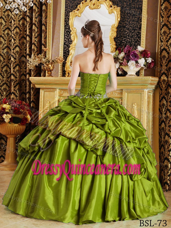 Olive Green Strapless Taffeta Beaded Sweet Sixteen Quinceanera Dresses
