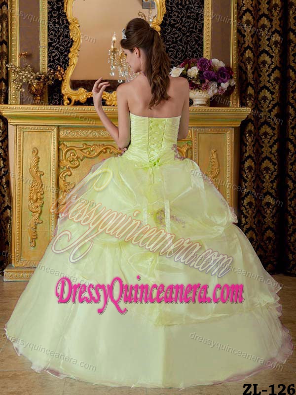 Light Yellow Strapless Quinceanera Dress Beading and Ruche in Organza