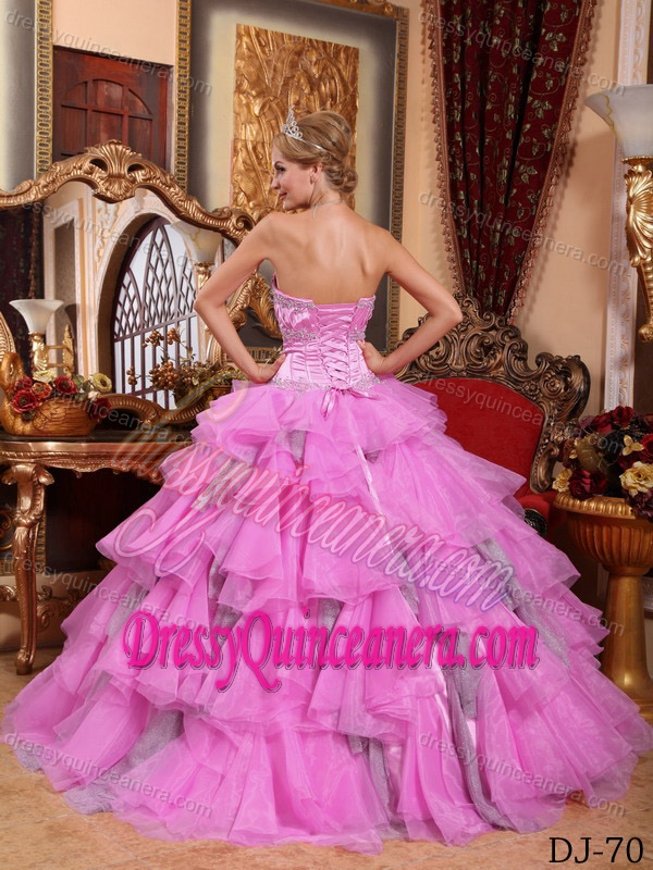 Fashionable Pink Sweetheart Sweet Sixteen Dress with Beading in Organza