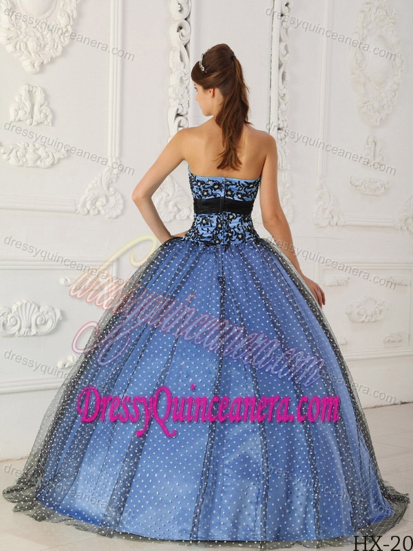 Black and Blue Taffeta and Tulle Quince Dress with Beading and Appliques