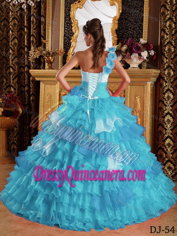 Aqua Blue One Shoulder Ruffled and Beaded Quinceanera Gown in Organza