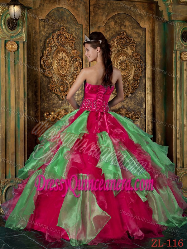 Latest Hot Pink Strapless Organza Quinces Dress with Beading and Ruffles