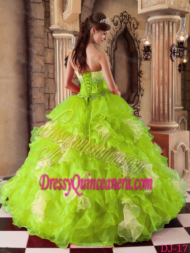 Yellow Green Strapless Organza Beaded and Ruffled Dress for Quinceanera