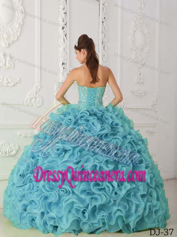 Lovely Blue Strapless Organza Dresses for Quince with Beading and Ruffles