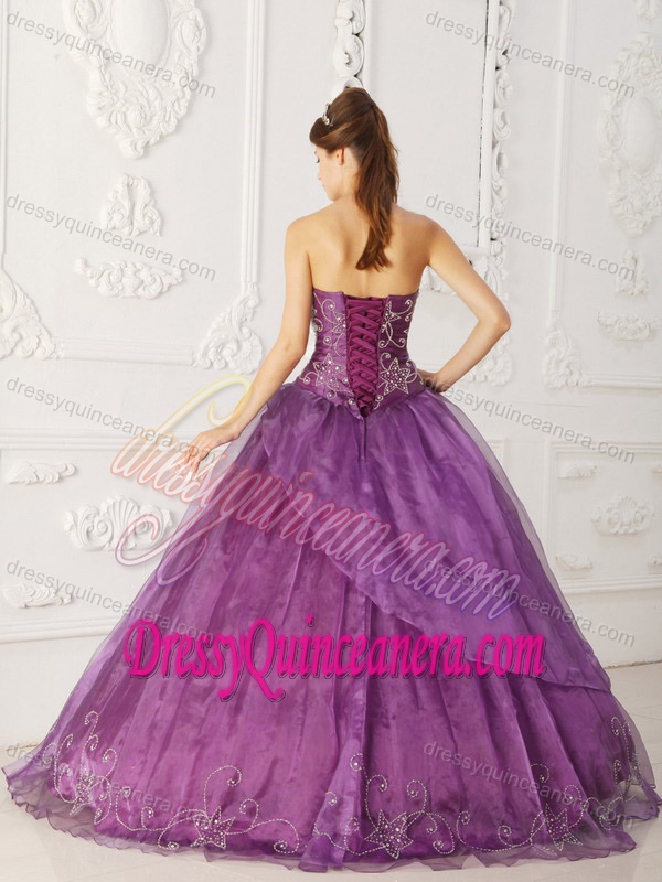 Purple Strapless Satin and Organza Embroidery Beaded Sweet 16 Dresses