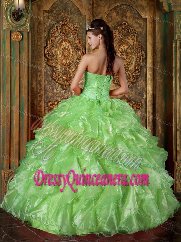 Strapless Quinceaneras Gown Dresses with Beading and Ruffles in Green