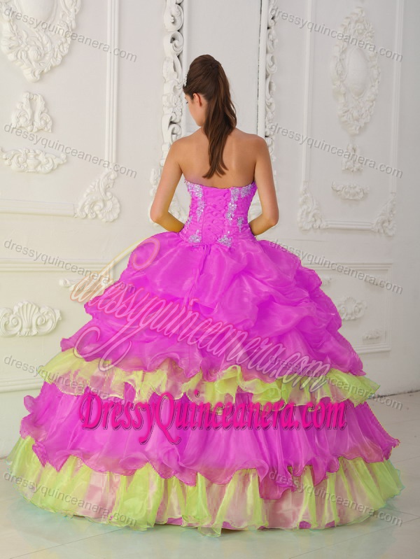 Hot Pink Strapless Quinces Dresses with Beading and Ruffles in Organza