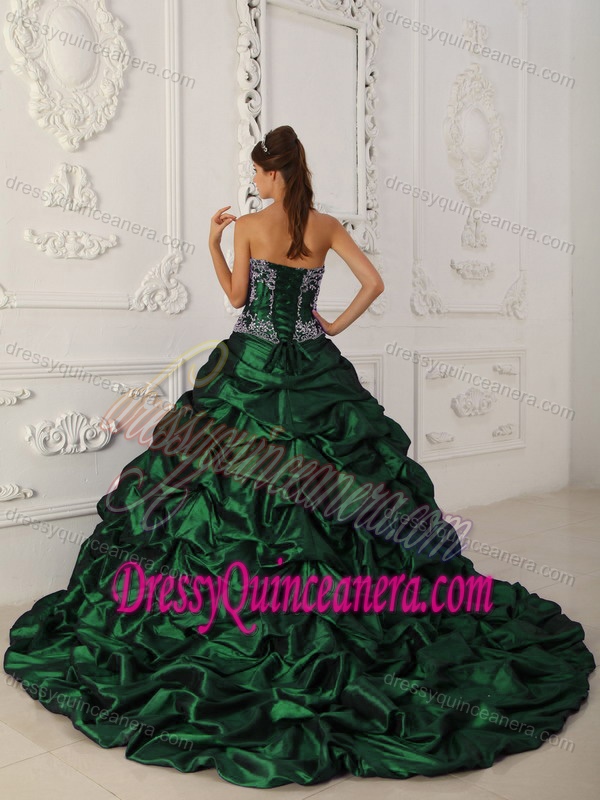Fitted Dark Green Taffeta and Organza Quinceanera Dresses with Appliques