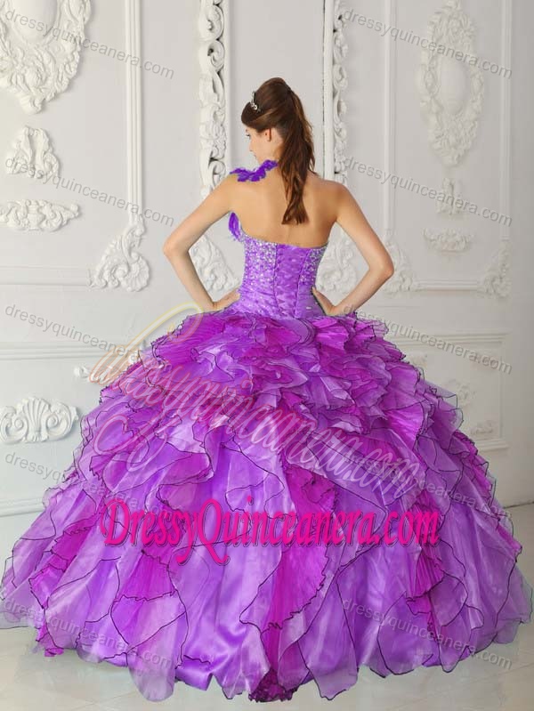 Satin and Organza Dresses for Quince with Beading and Appliques in Purple
