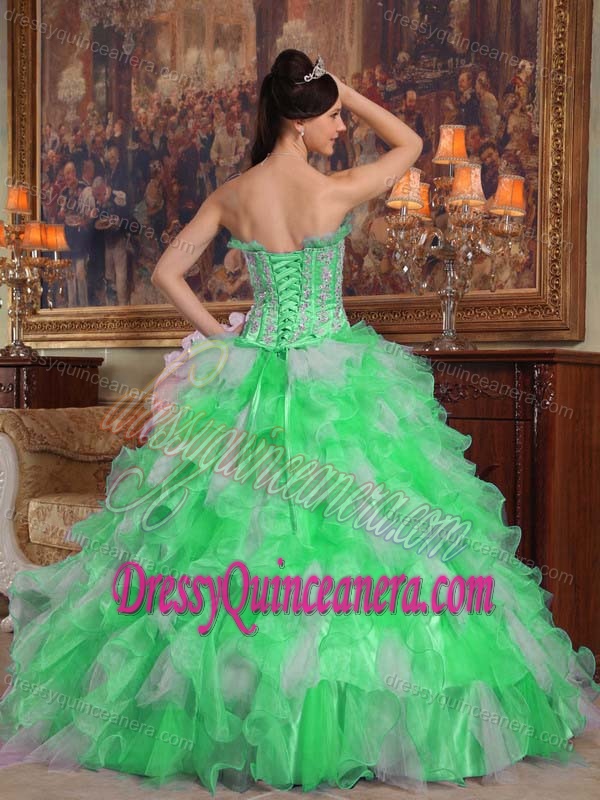 Strapless Organza Quinceanera Gowns with Ruffles and Appliques in Green