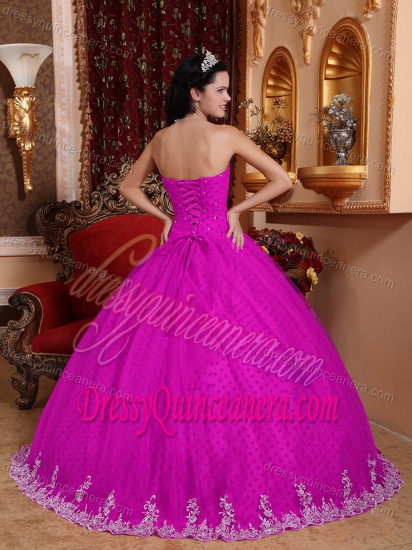 Fuchsia Strapless Floor-length Tulle Sweet Sixteen Dresses with Appliques