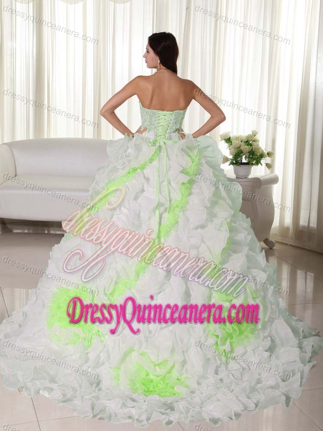 Latest White Sweetheart Organza Appliqued Sweet 16 Dress with Court Train