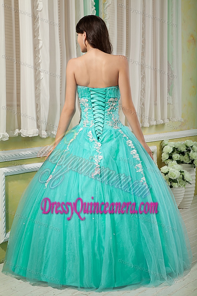 Turquoise Ball Gown Sweetheart Tulle Quinceanera Dresses with Appliques