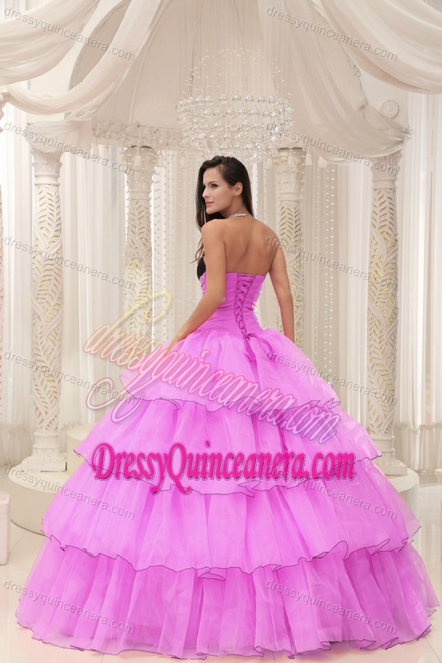 Rose Pink Beaded and Layered Sweet Sixteen Dress in Taffeta and Organza