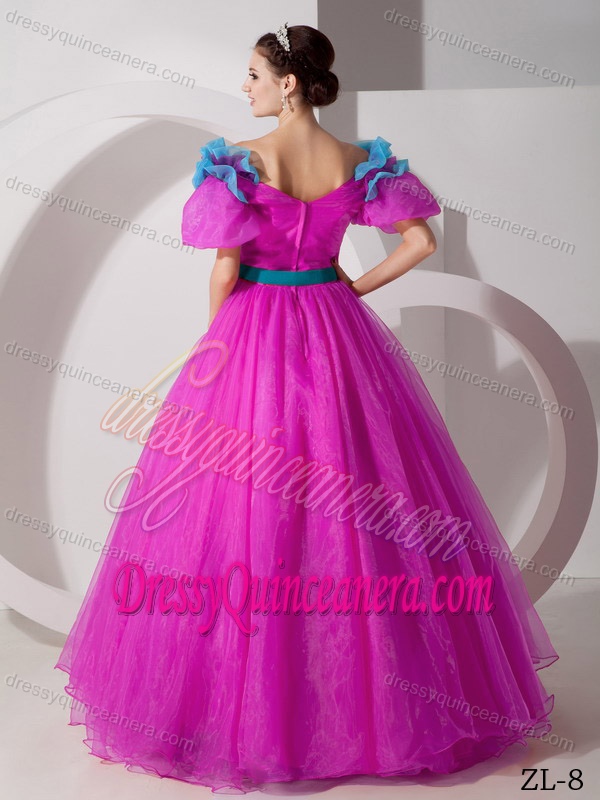 A-line V-neck Floor-length Organza Dress for Quinceanera with Flowers