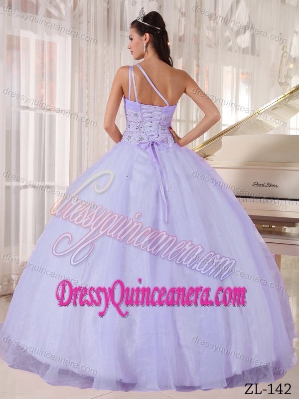 Classical One Shoulder Lace-up Lilac Beaded Quinces Dress under 250