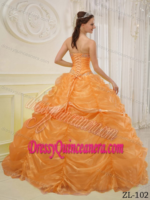 Memorable Ruched and Beaded Lace-up Organza Sweet 16 Dresses in Gold