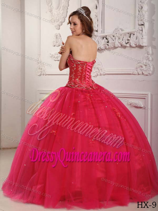 Wonderful Hot Pink Tulle Lace-up Long Quinceanera Gown with Beading