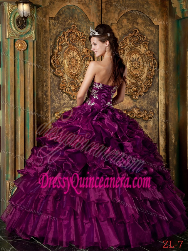Luxurious Long Strapless Ruffled Organza Sweet Sixteen Dress in Purple