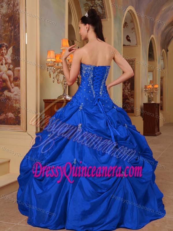 Popular Strapless Beaded Floor-length Lace-up Blue Dress for Quince