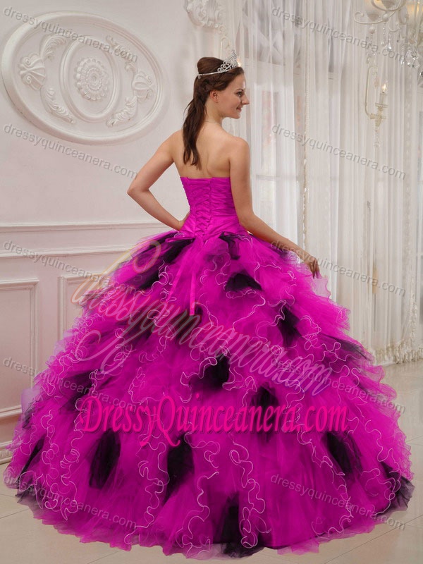 Hot Pink and Black Sweetheart Ruched Wonderful Quinceanera Gown