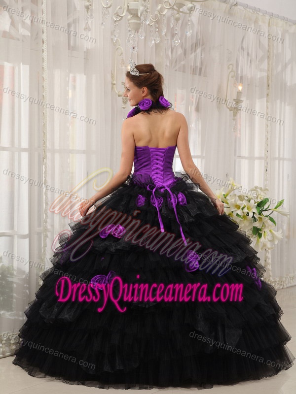 Beautiful Halter Purple and Black Quinceanera Gown Dress with Ruffles and Flowers