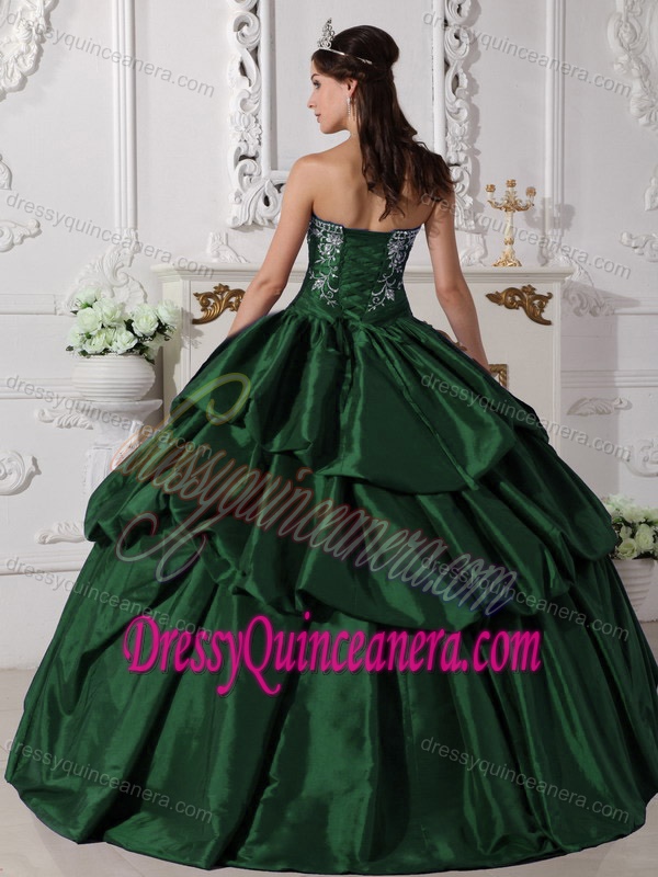 Luxurious Strapless Hunter Green Embroidered Quinceanera Dresses with Pick-ups