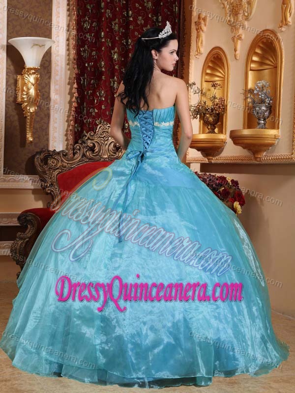 Ruched Blue Strapless Organza Ball Gown Sweet 16 Dress with Appliques for Cheap