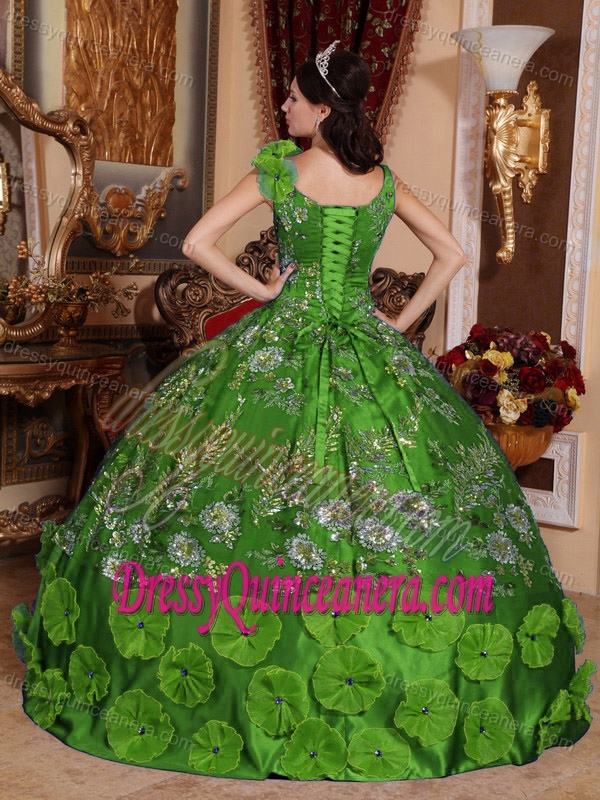 New V-neck Green Ball Gown Taffeta Quinceanera Dress with Appliques and Flowers