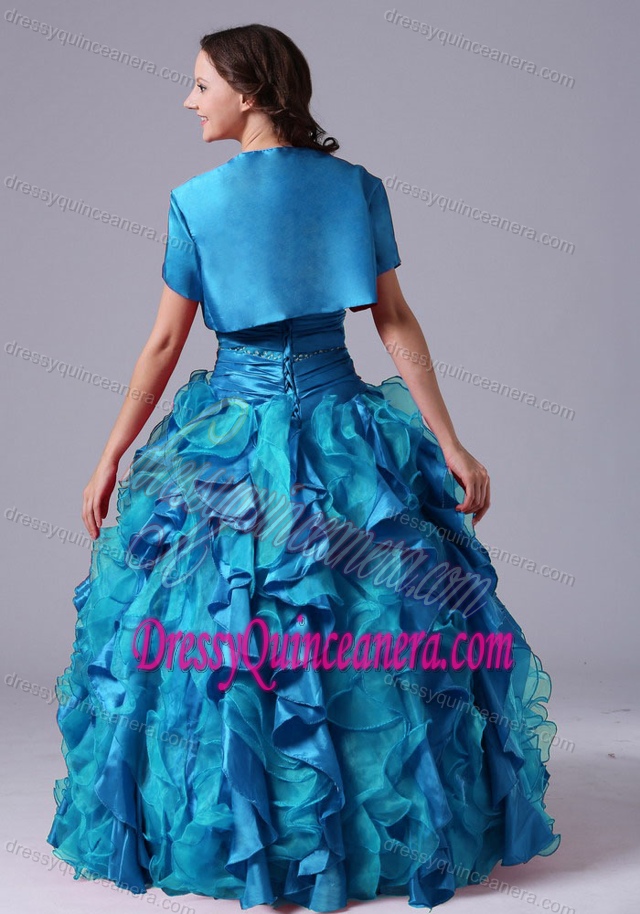 Aqua Blue Strapless Appliqued Quinceanera Dress with Ruffled and Jacket for Cheap