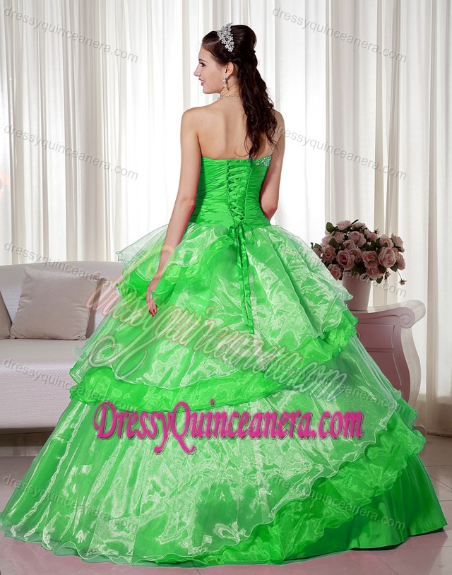 Spring Green Sweetheart Beaded Organza Quinceanera Dress with Layers and Flower