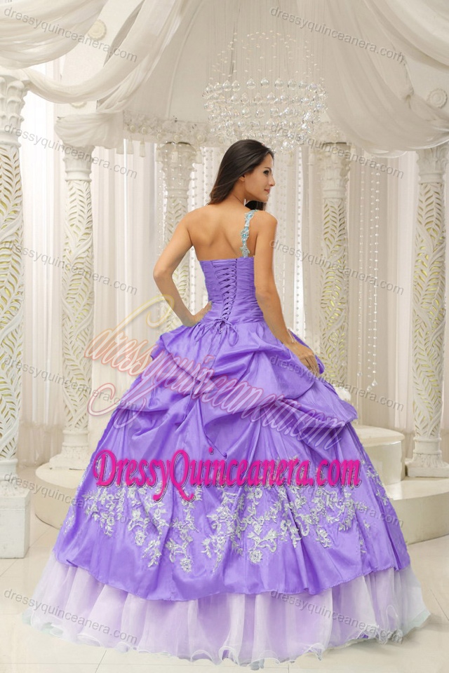 Best Lavender One-shoulder Taffeta Quinceanera Dress with Appliques and Pick-ups
